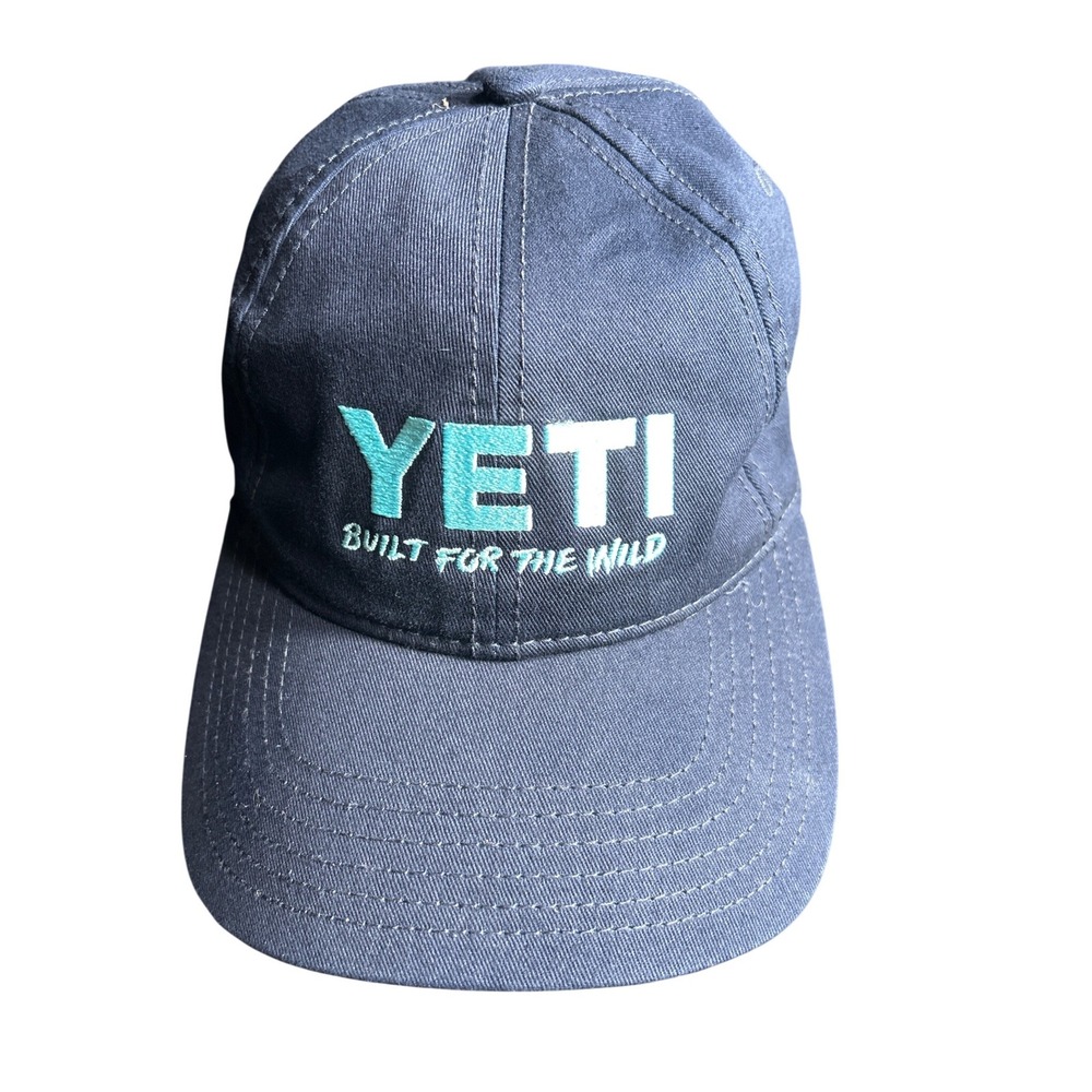 YETI Built For The Wild Navy Blue Embroidered Leather Strapback Baseball Cap Hat